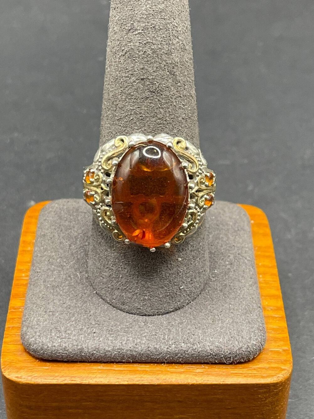Sterling Silver 925 Amber Statement Ring Large Oval Gemstone Filigree Size 8